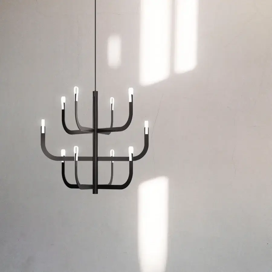 Avant-garde Luceplan J-Us chandelier crafted in layered materials and metal with a matte black finish