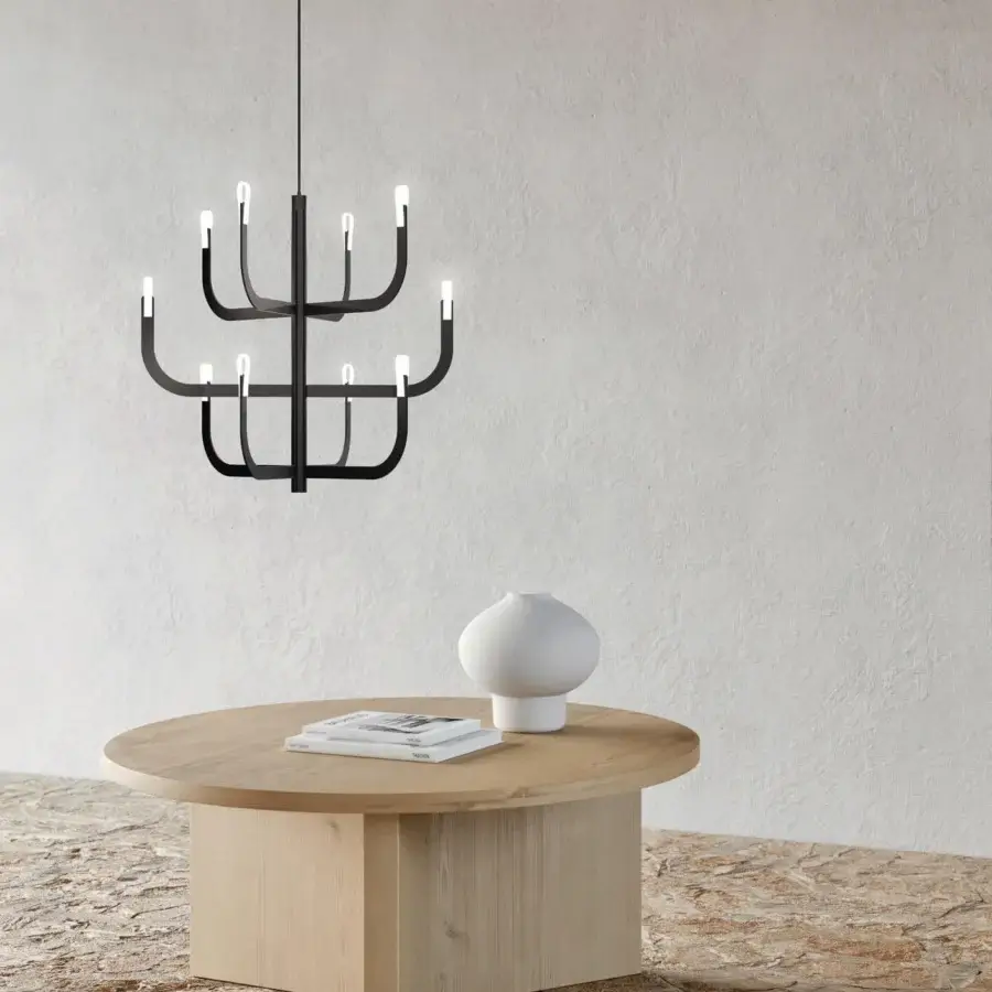 Superior Luceplan J-Us chandelier crafted in layered materials and slender metal tubing with a deep black finish