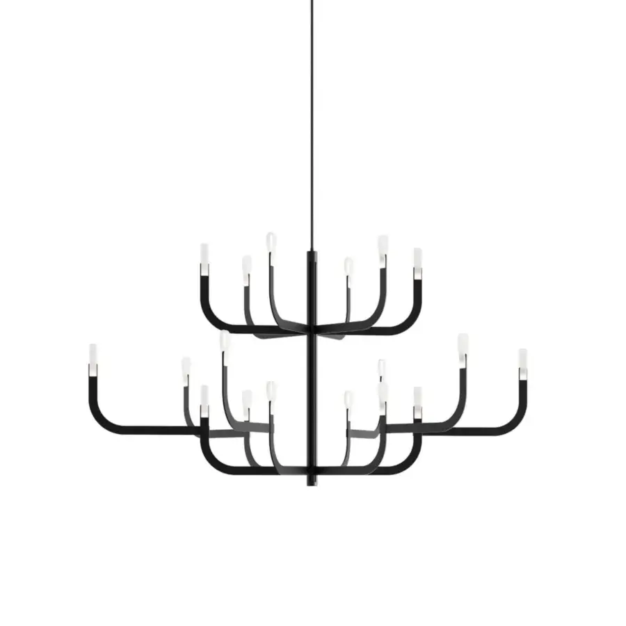 Elegant Luceplan J-Us chandelier built in layered metal with opaque white shades and a matte black finish