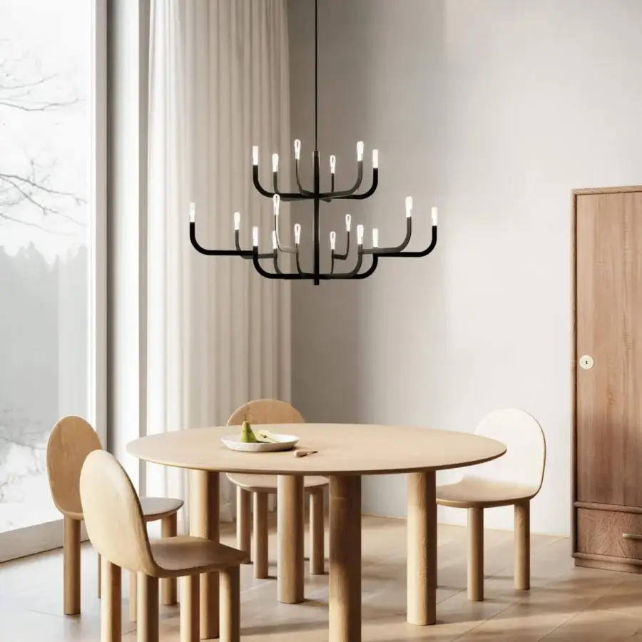 Distinguished Luceplan J-Us chandelier built in layered materials and metal with a matte black finish
