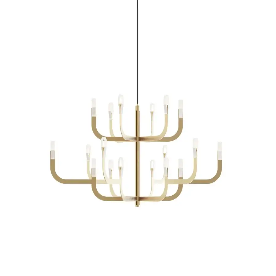 Exclusive Luceplan J-Us chandelier crafted in metal with a warm golden brass tone and frosted diffusers for inviting illumination