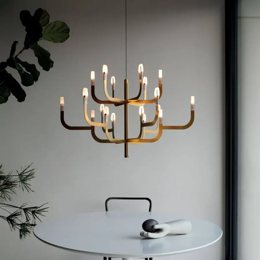 Superior Luceplan J-Us chandelier built in layered materials and metal with a satin muted gold finish