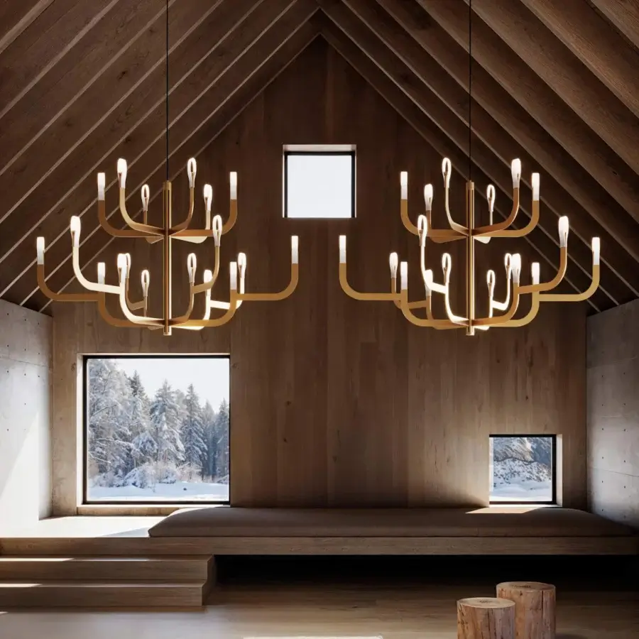 Distinguished Luceplan J-Us chandelier crafted in metal with a satin finish and warm golden tone