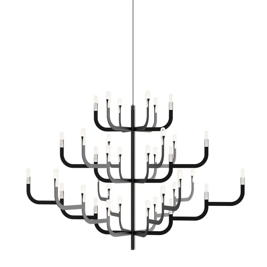 Architectural Luceplan J-Us XL chandelier built in layered materials and metal with a dark gray finish radiating arms