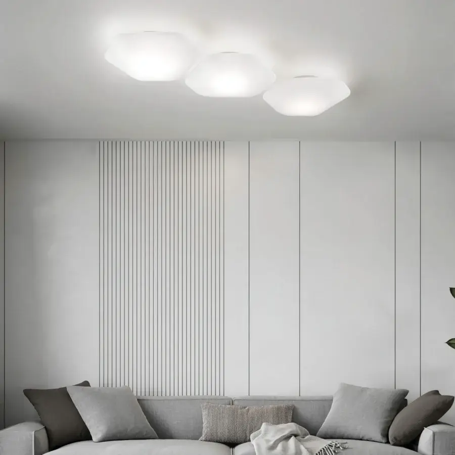 Superior Vistosi Modulor ceiling lamp in beveled glass with a soft white matte finish diffusing balanced radiance