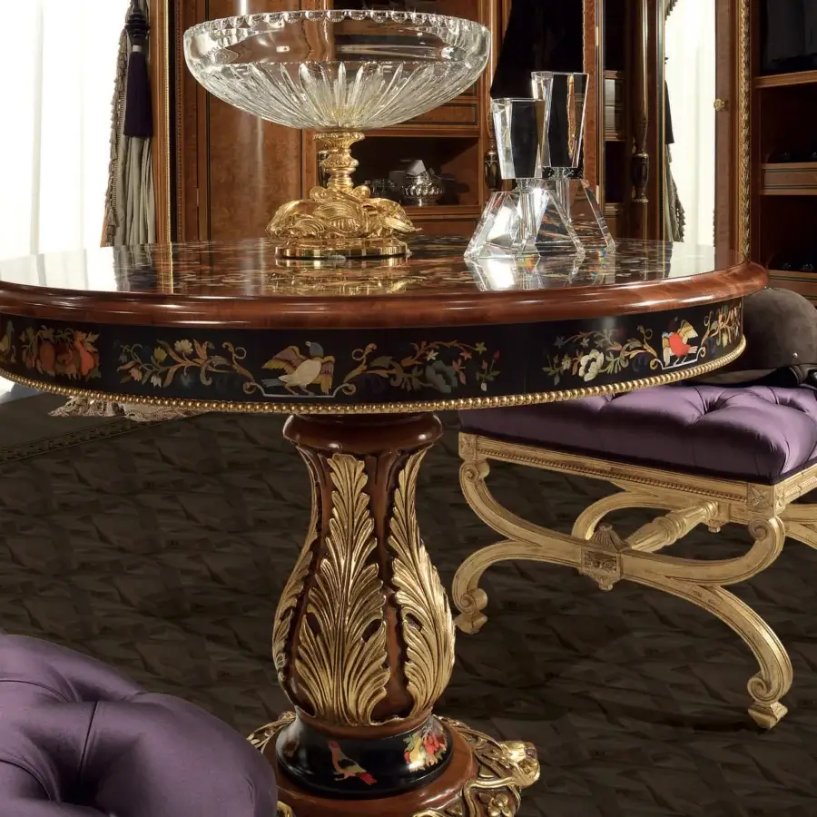Elegant Armando Rho A1194 foyer table with ebony finish and floral inlaid detailing in red, green, and black