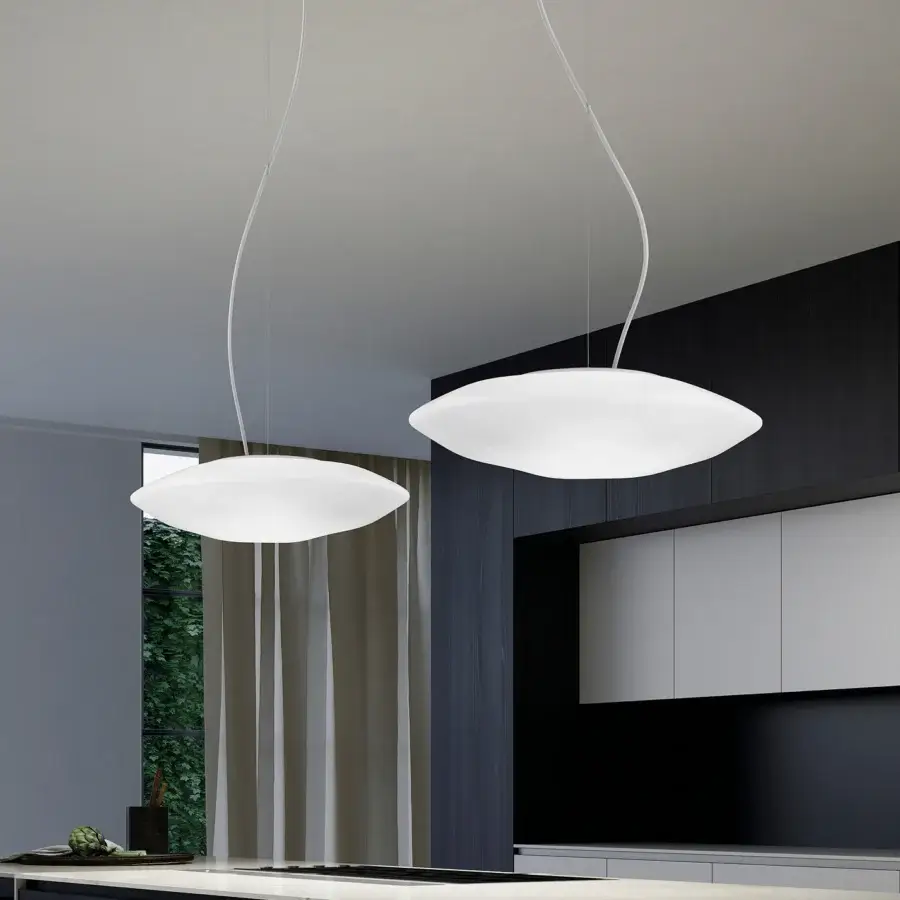 Distinguished Vistosi Modulor suspension lamp crafted in beveled glass with a smooth matte finish and bright neutral white style