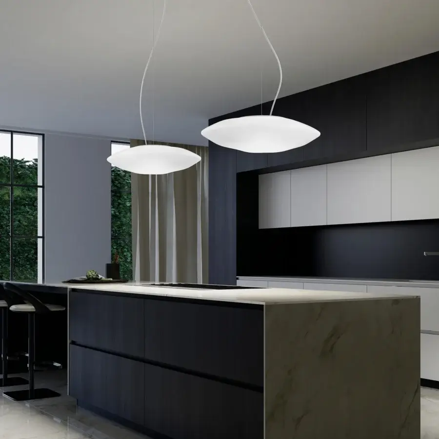 Distinguished Vistosi Modulor suspension lamp crafted in beveled glass with a white matte finish and slender metal rod