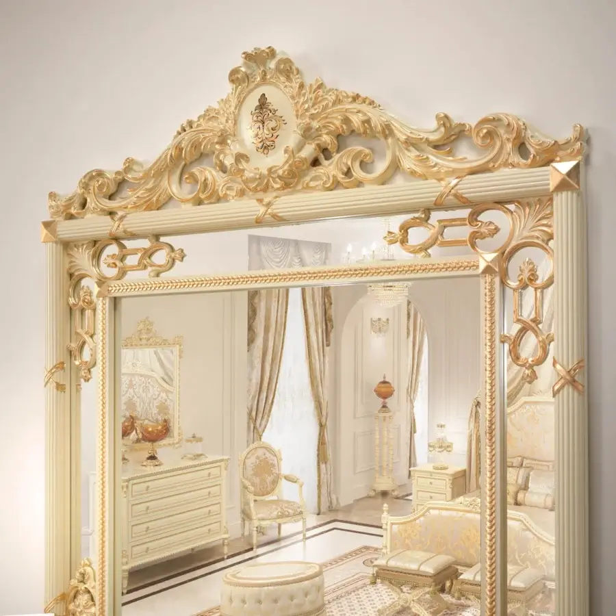 Distinguished Modenese Golden Radiance Grand Mirror crafted in wood with gilded gold finish and sculpted floral motifs