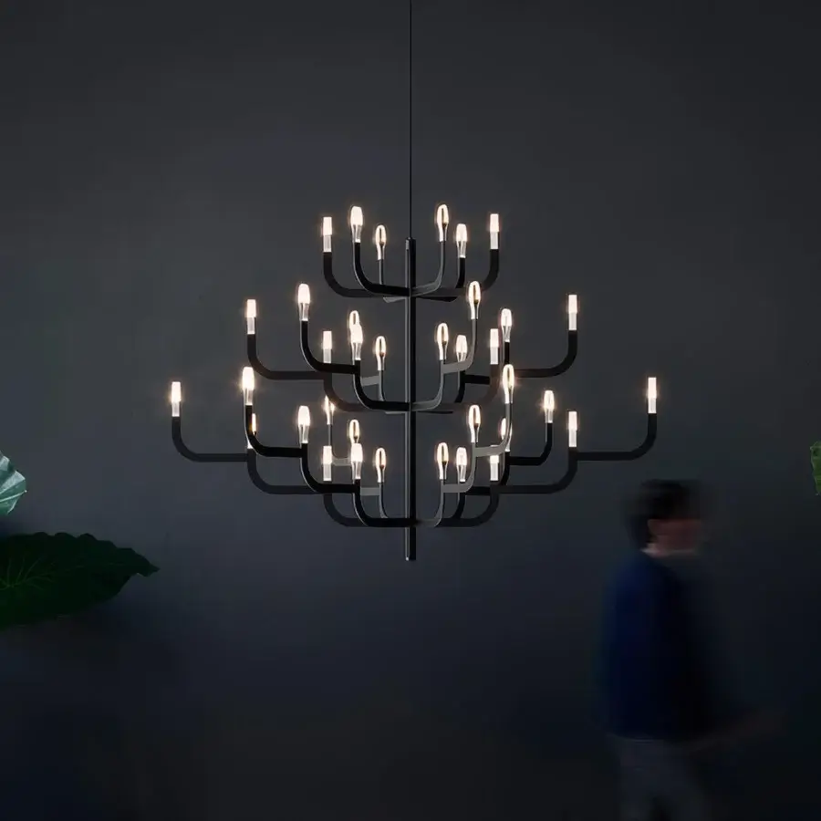 Exceptional Luceplan J-Us XL chandelier crafted in metal with a matte black finish and radiating warm white LED light sources