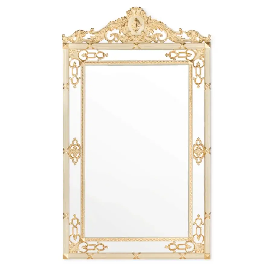 Superior Modenese Golden Radiance Grand Mirror crafted in wood with radiant golden finish and ornate detailing