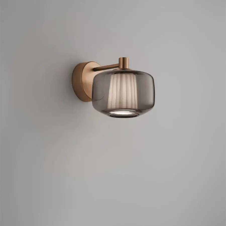 Superior Vistosi Plissé wall lamp with smoky grey glass diffuser and warm copper-toned metal arm crafted in Italy
