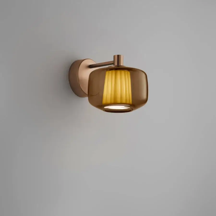 Exceptional Vistosi Plissé wall lamp with sinuous blown glass and warm coppery satin metal finish