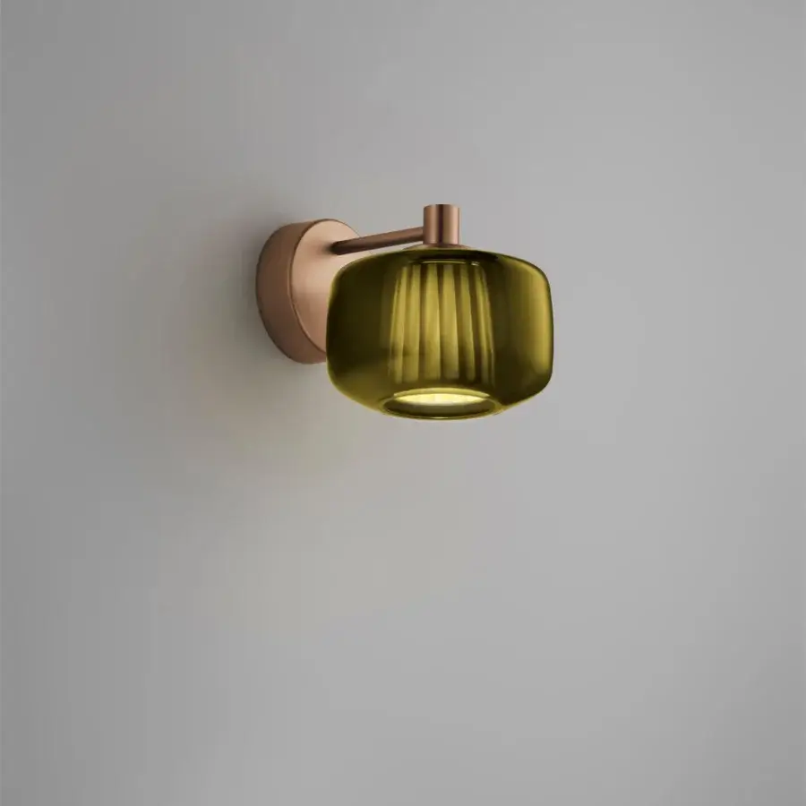 Elegant Vistosi Plissé wall lamp with pleated translucent olive green blown glass and muted copper tone arm