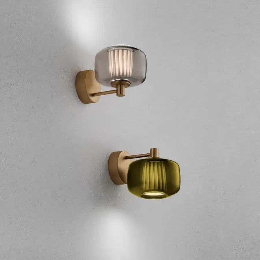 Distinguished Vistosi Plissé wall lamp with pleated translucent olive-green blown glass and warm golden satin metal bracket