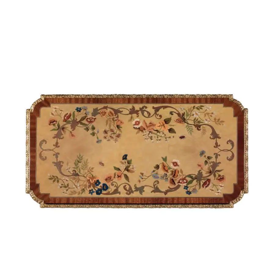 Exquisite Armando Rho A1241 desk crafted in mahogany and ash burl with floral inlay and delicate brass copper accents