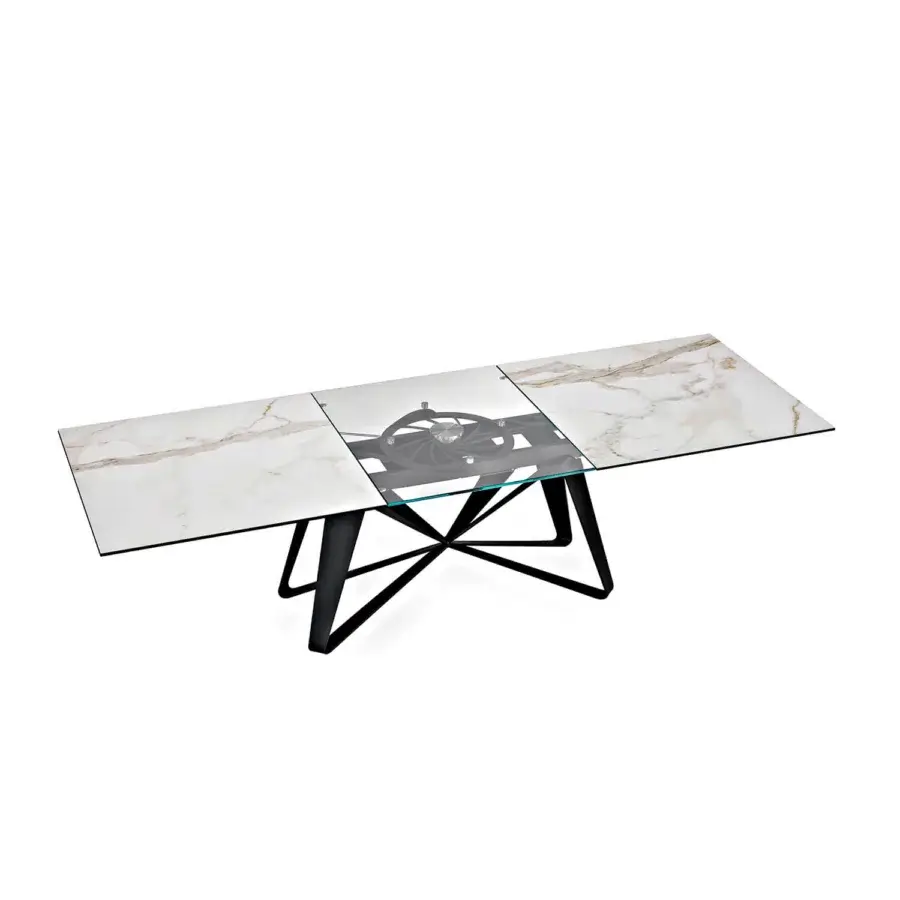 Elegant Naos Flocon extendable dining table with white and gold marble-patterned glass and matte black painted steel base
