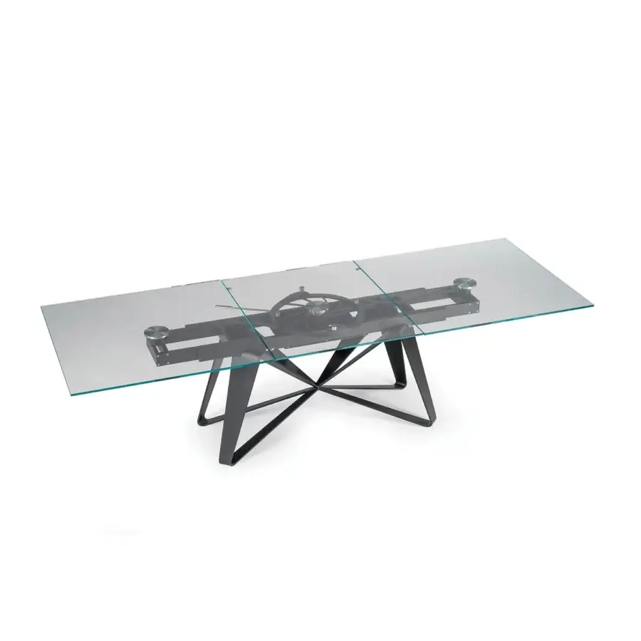 Distinguished Naos Flocon extendable dining table with dark gray steel legs and smooth glass top crafted in Italy