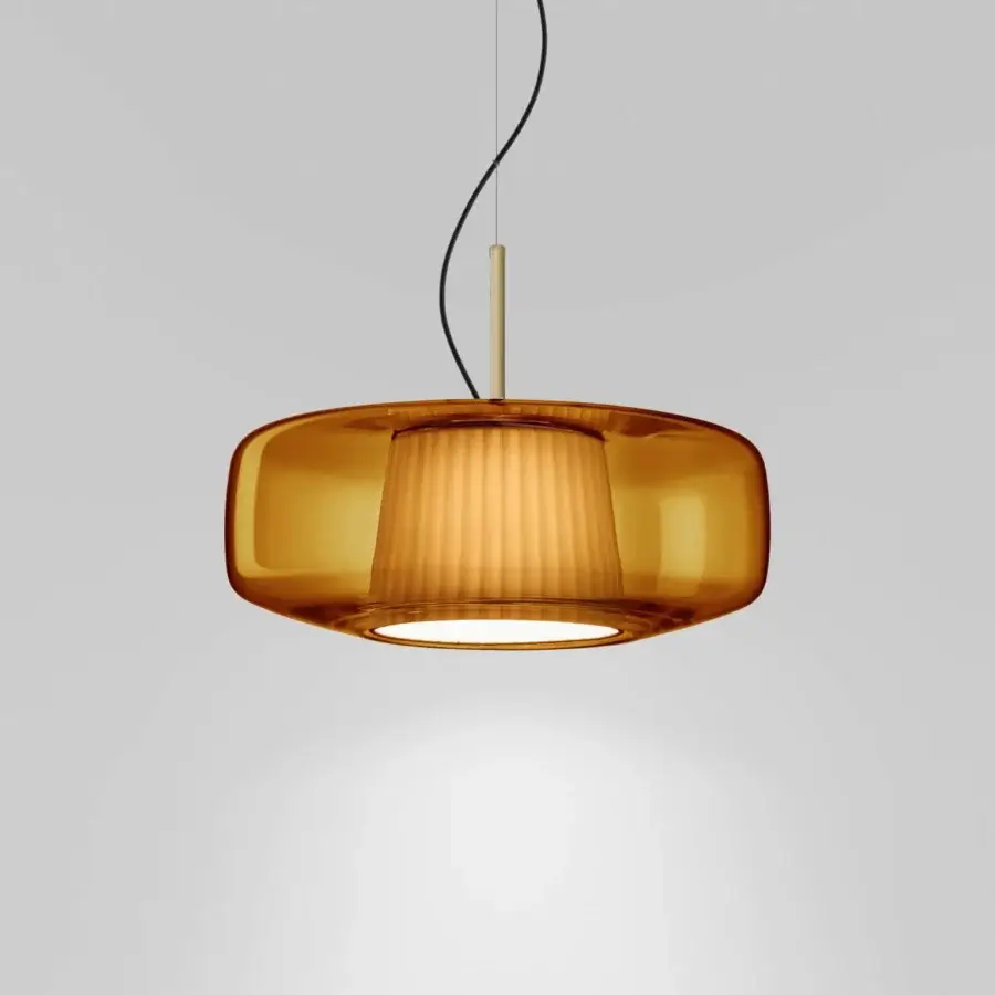 Distinguished Vistosi Plissé suspension lamp with warm amber blown glass and a glossy textured cylinder