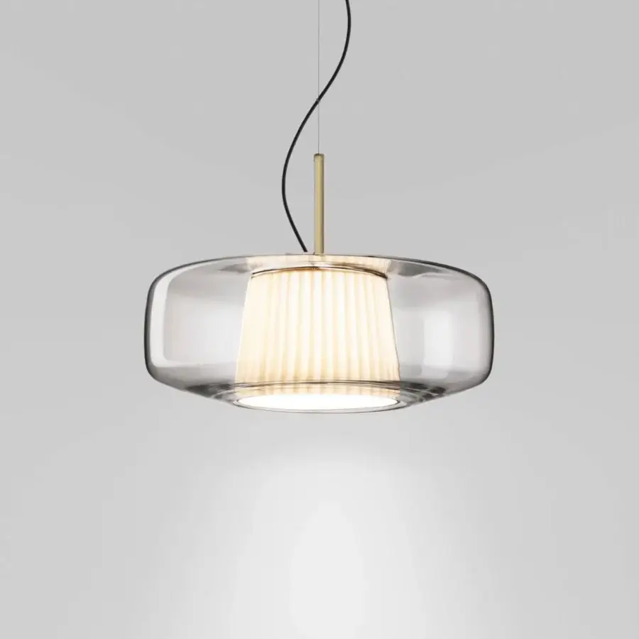 Exceptional Vistosi Plissé suspension lamp with translucent smoky gray blown glass and a pale yellow pleated inner shade
