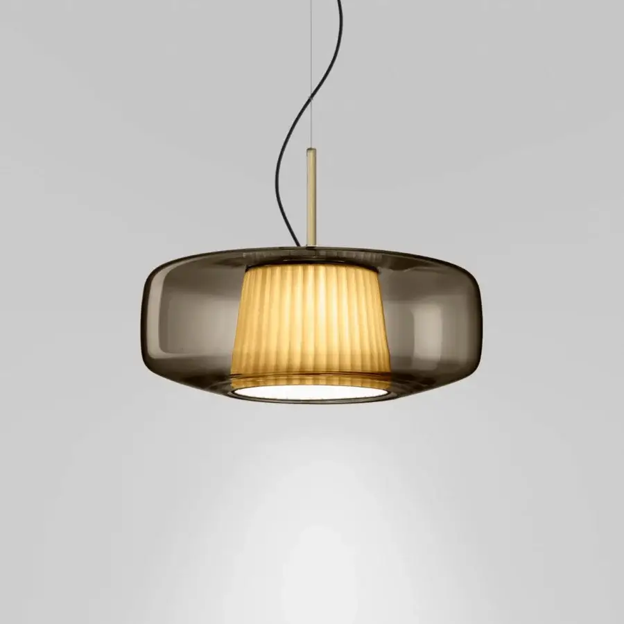 Distinguished Vistosi Plissé suspension lamp with smoky grey glossy blown glass and warm amber ribbed glass accents crafted with gold-toned metal