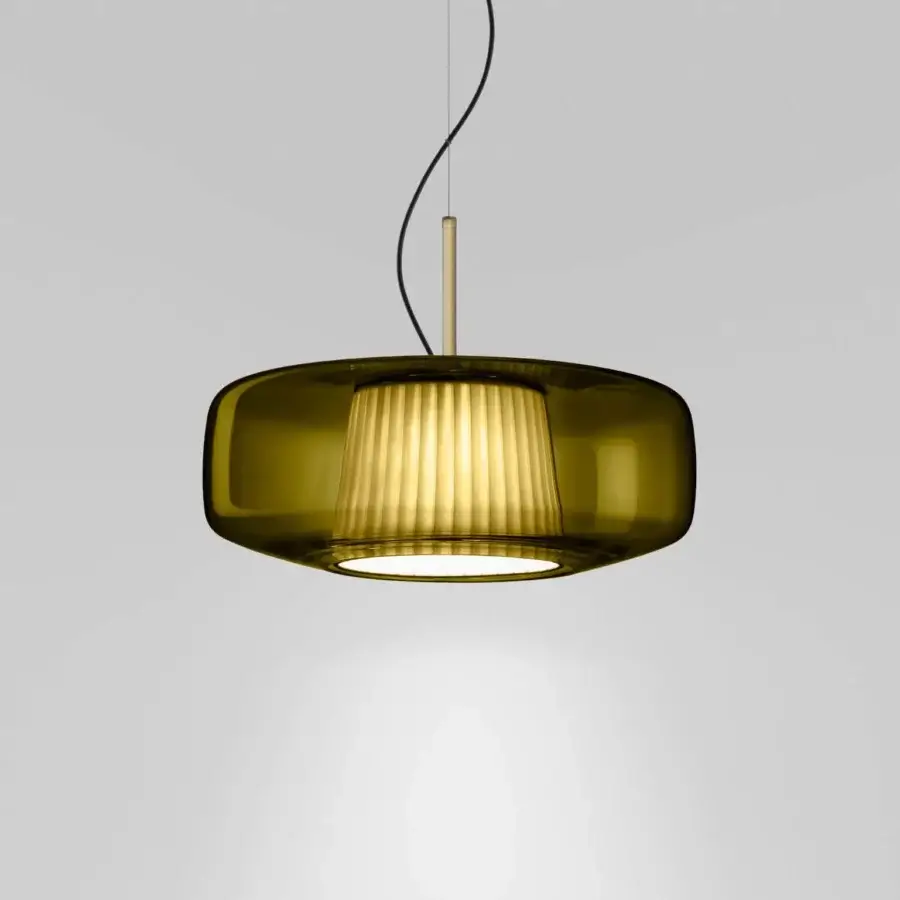 Elegant Vistosi Plissé suspension lamp with olive green blown glass and golden-yellow ribbed inner component crafted in Italy