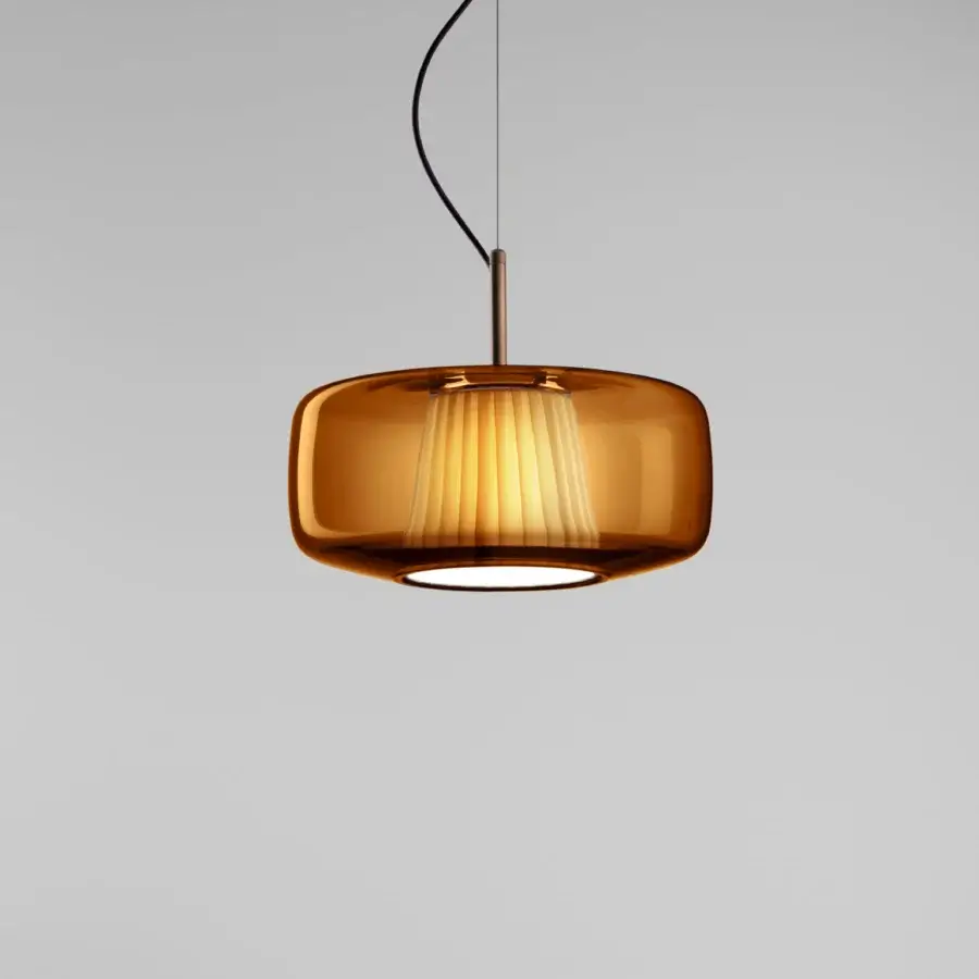 Captivating Vistosi Plissé suspension lamp with translucent amber-toned blown glass and warm yellow pleated textile interior