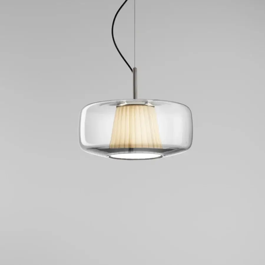 Distinguished Vistosi Plissé suspension lamp with a rounded form, translucent blown glass and warm off-white pleated fabric within a glossy finish