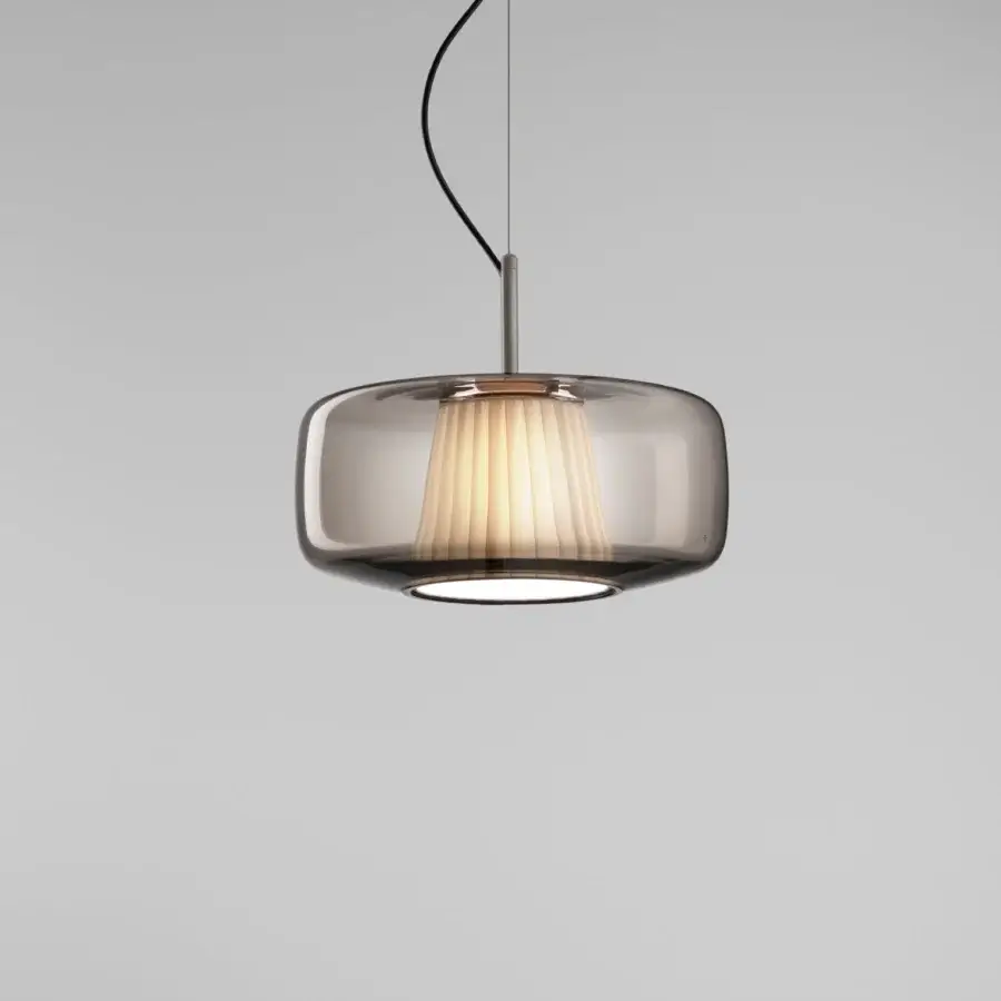 Exclusive Vistosi Plissé suspension lamp with smoky grey blown glass and a textile-like pleated inner shade crafted with refined metal
