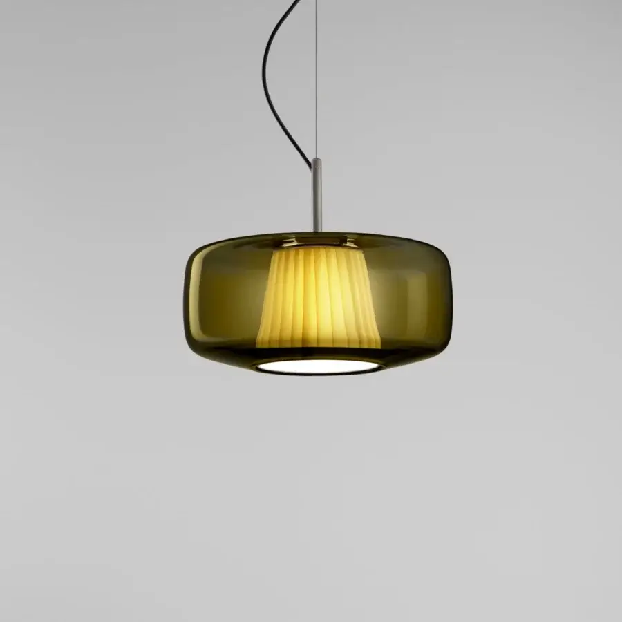 Elegant Vistosi Plissé suspension lamp with olive-green blown glass and golden-yellow pleated textile within a satin metal finish