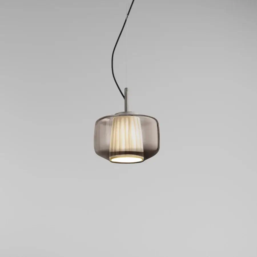 Captivating Vistosi Plissé suspension lamp with translucent grey blown glass and refined metal finishes showcasing a pleated ribbed structure