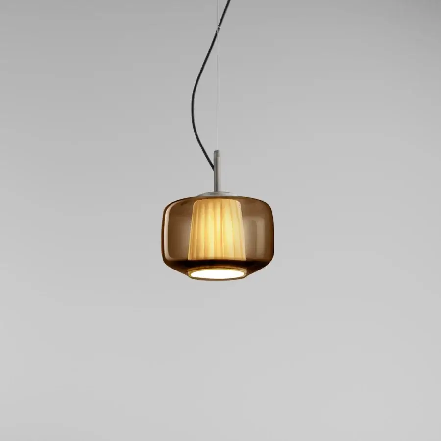 Elegant Vistosi Plissé suspension lamp with warm amber blown glass and silver-toned metal finishes