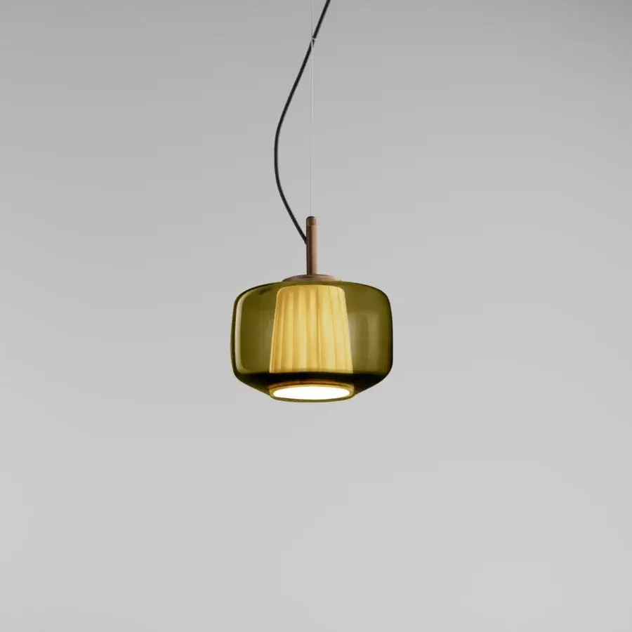 Distinguished Vistosi Plissé suspension lamp with olive green to golden yellow blown glass and bronze-toned metal finishes