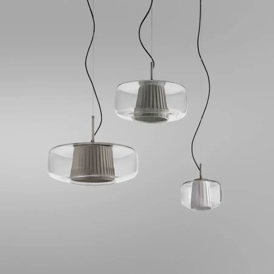Superior Vistosi Plissé suspension lamp with pale gray blown glass and vertically pleated metallic internal structure