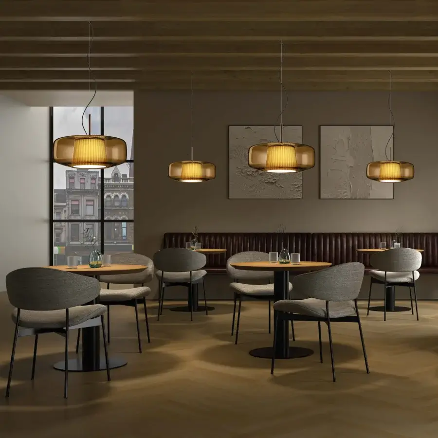 Distinguished Vistosi Plissé suspension lamp with a rhythmic pleated texture in warm amber blown glass and refined metal finishes