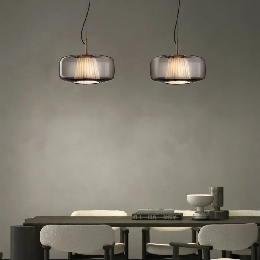 Superior Vistosi Plissé suspension lamp with smoky grey-brown blown glass and cream pleated fabric within a satin copper band