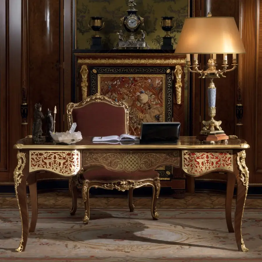 Distinguished Armando Rho A1141 desk crafted in ribbon stripe walnut with bright gold inlays and intricate floral carvings