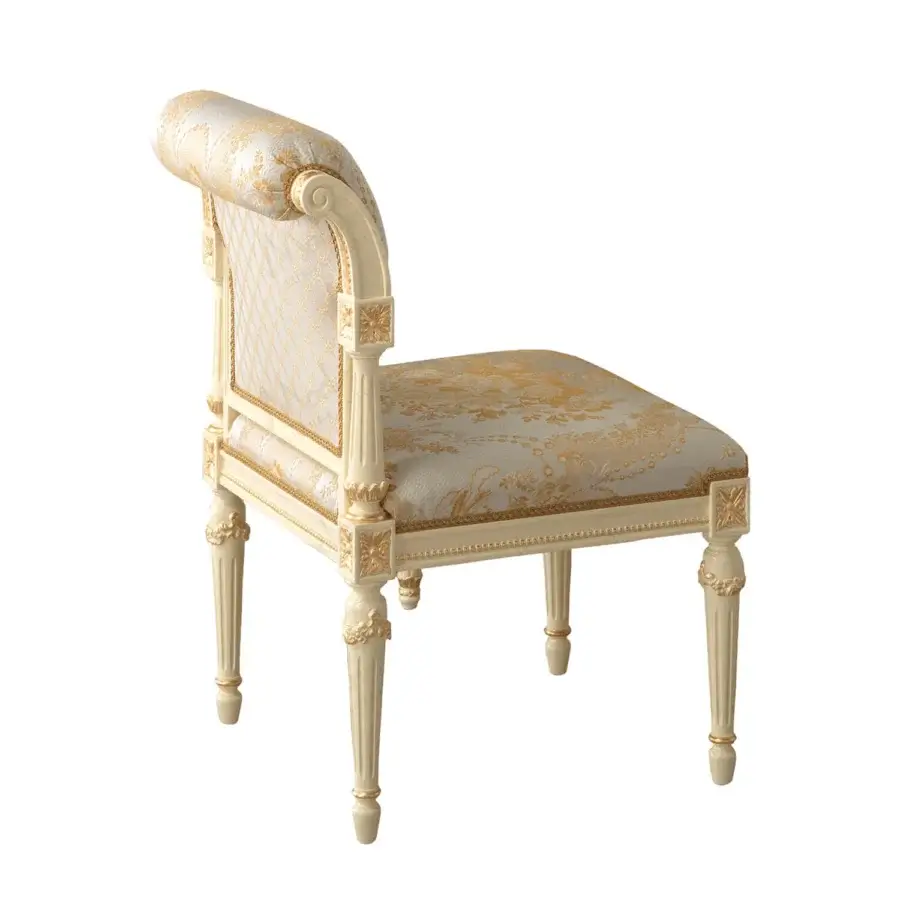 Lavish Modenese Golden Radiance chair crafted in ivory wood with hand-applied gold detailing and floral fabric upholstery