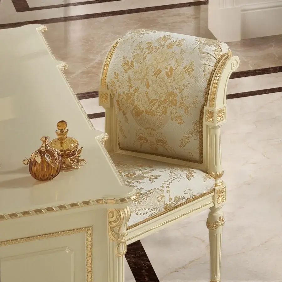 Exquisite Modenese Golden Radiance chair crafted with ivory wood, hand-applied gold detailing and plush floral fabric upholstery
