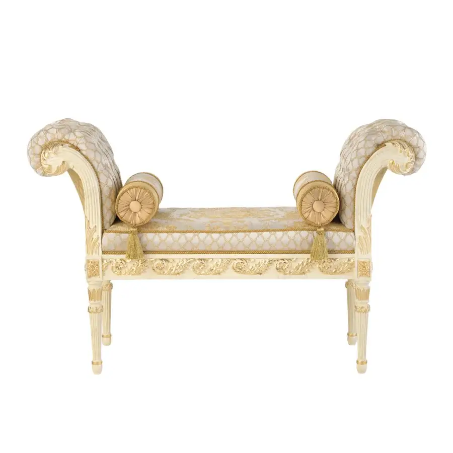 Lavish Modenese Golden Radiance bench crafted with wood, gold detailing, and patterned cream textile upholstery with a painted finish