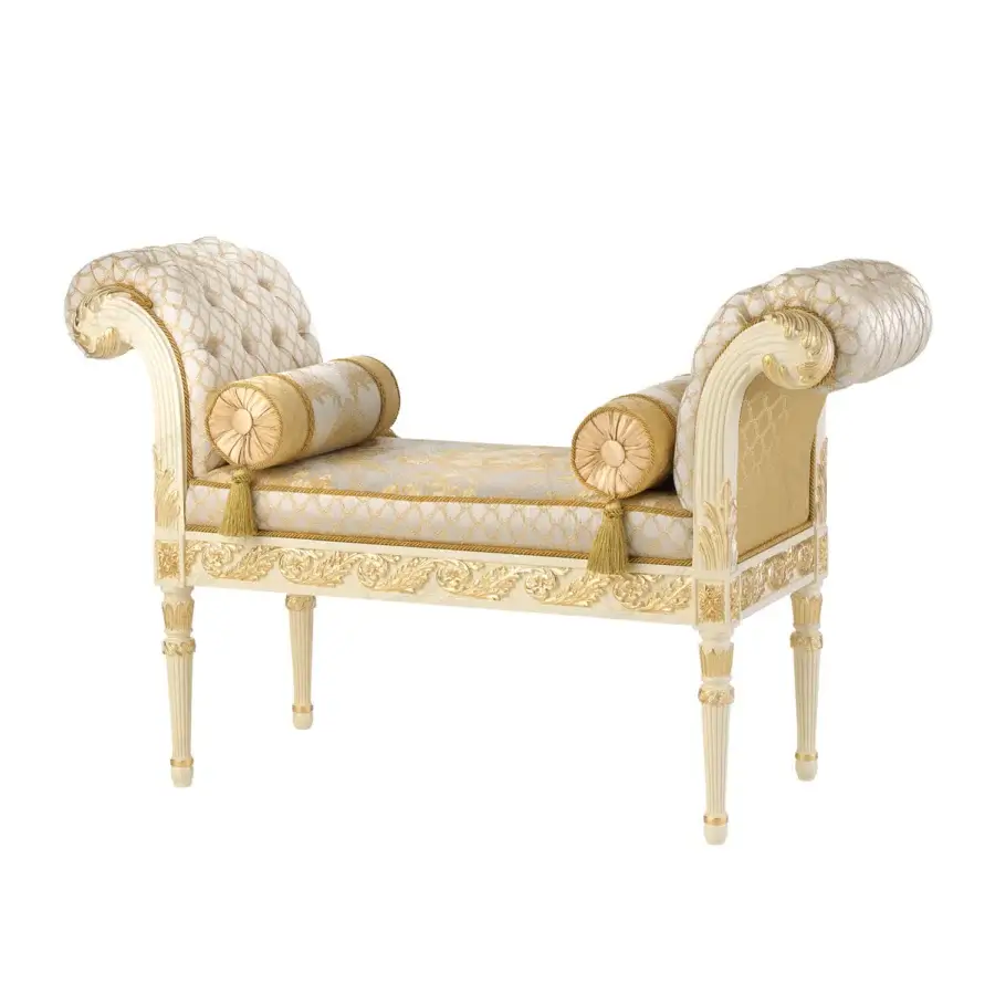 Distinguished Modenese Golden Radiance bench with creamy wood and striking gold upholstery exhibiting ornate detailing and subtle tufting