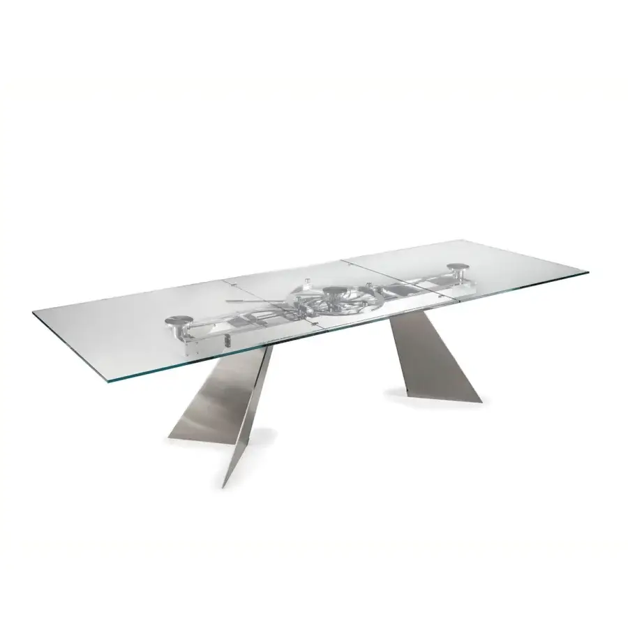 Innovative Naos Galax extendable dining table with transparent glass, a brushed silver-grey metal base crafted in Italy