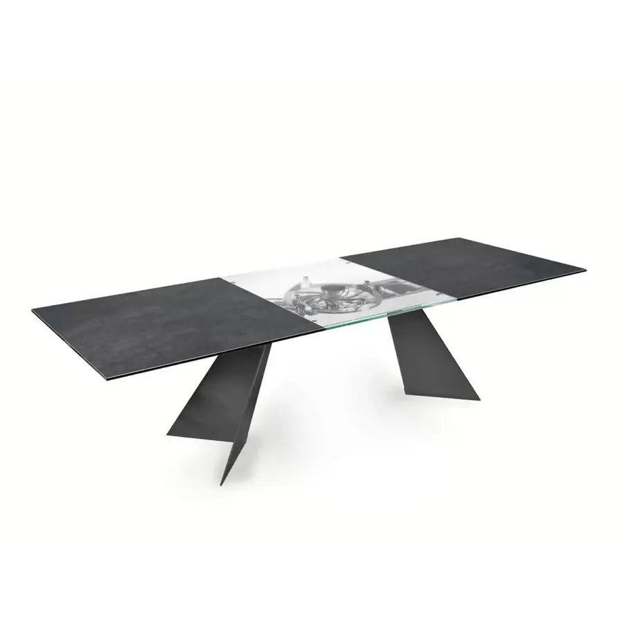 Distinguished Naos Galax extendable dining table with glass and textured tabletop in charcoal gray, built with painted steel legs