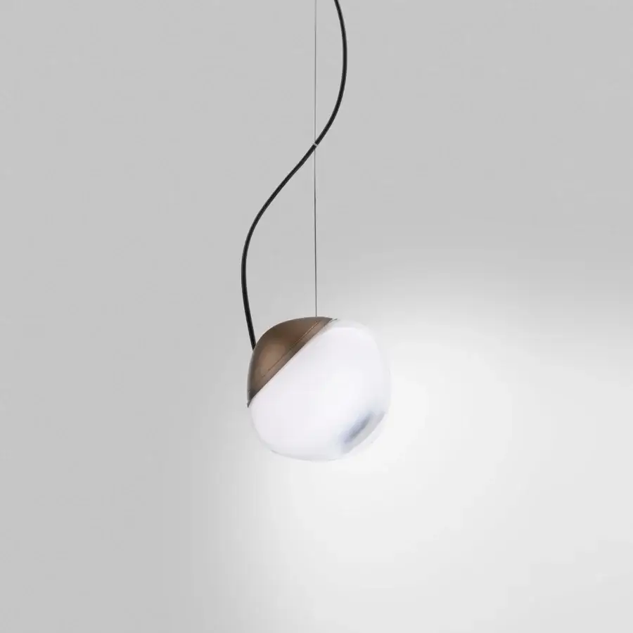 Distinguished Vistosi Pure suspension lamp crafted in blown glass with a glossy white finish and satin bronze metallic cap