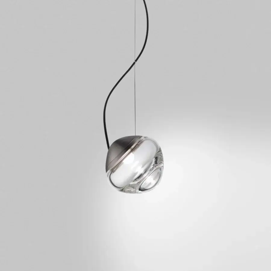 Elegant Vistosi Pure suspension lamp crafted in clear blown glass with a dark gray partial encasement and refined metallic finish