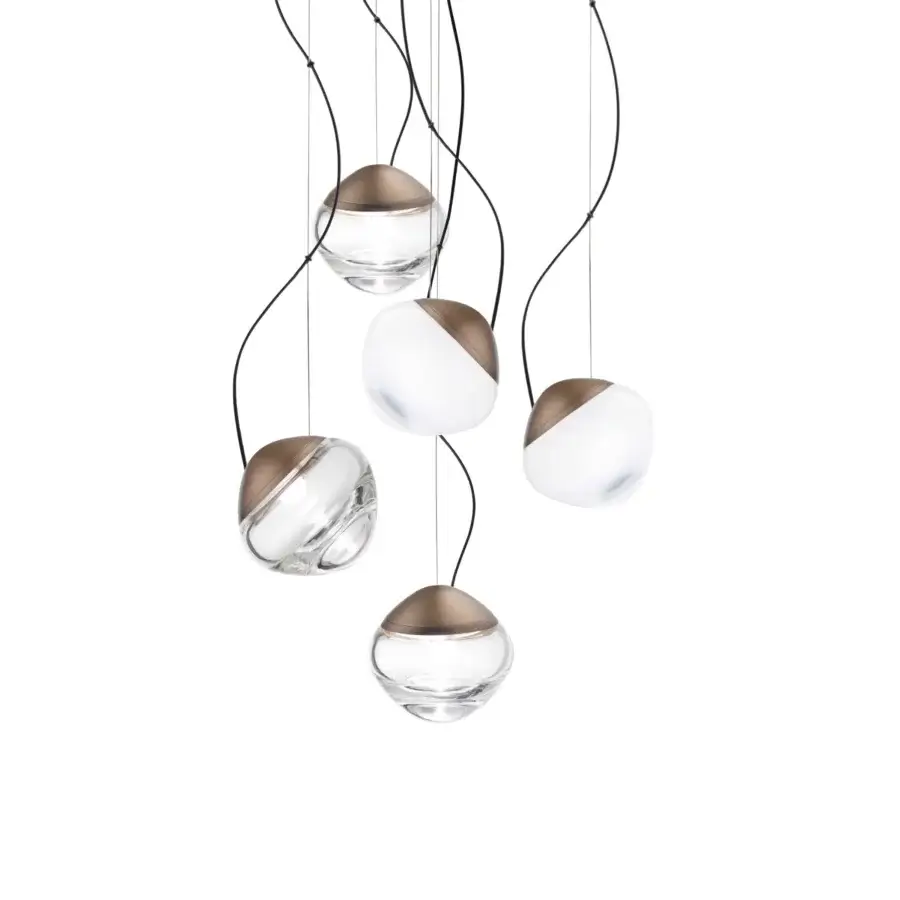 Captivating Vistosi Pure suspension lamp crafted in clear blown glass with satin gold metallic caps and delicate black cables