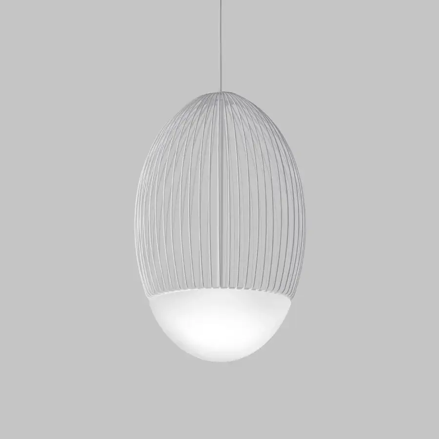 Exclusive Vistosi Riketta suspension lamp with a neutral gray-white metal cage and white opaline glass diffuser