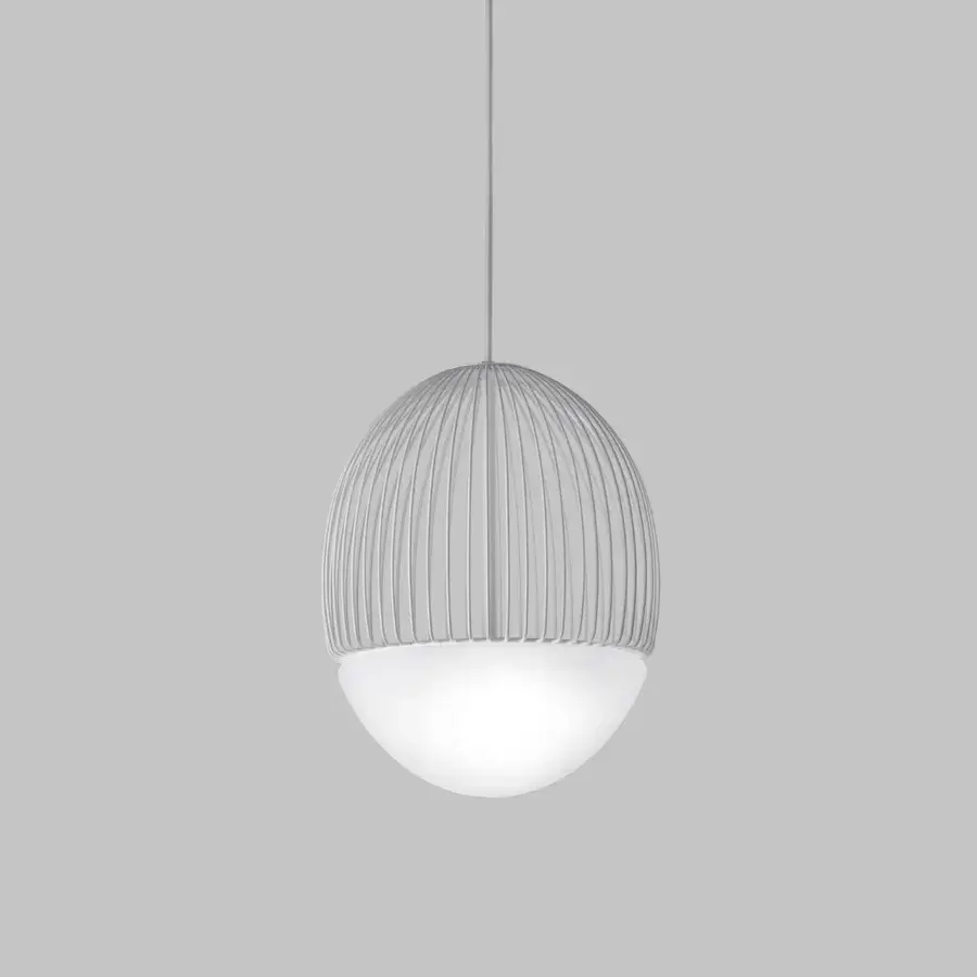 Superior Vistosi Riketta suspension lamp with a light gray matte metal cage and white opaline glass diffuser
