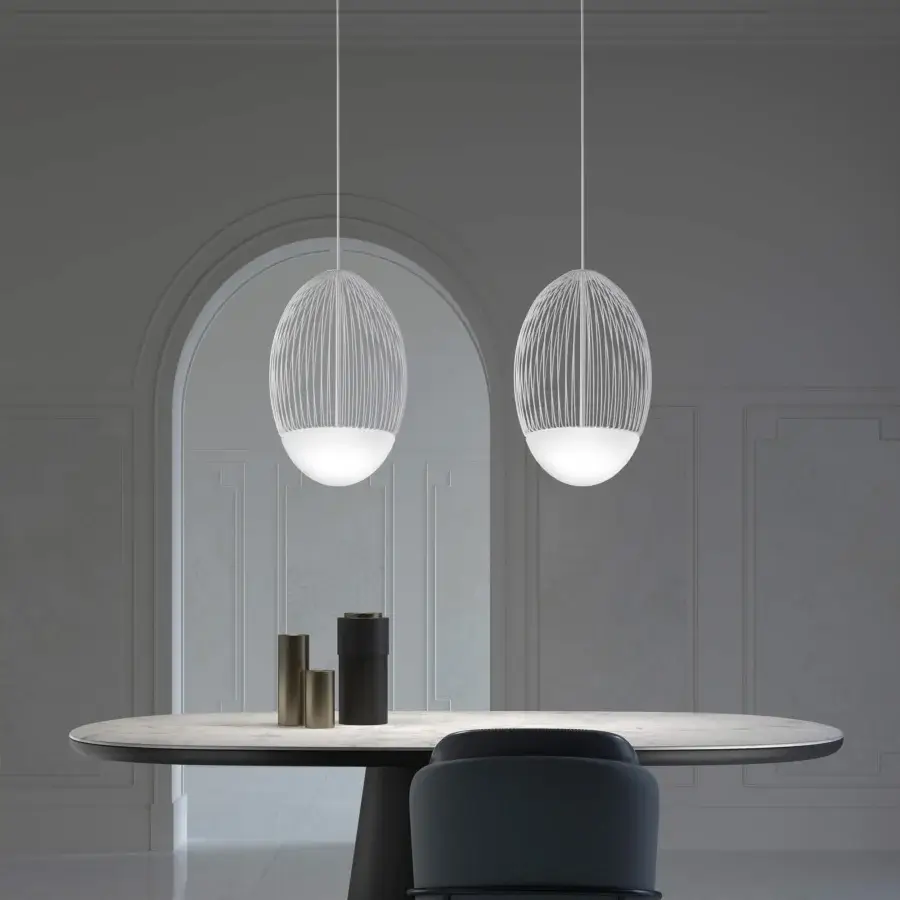 Elegant Vistosi Riketta suspension lamp in light gray satin metal with a white opaline glass diffuser and welded cage structure