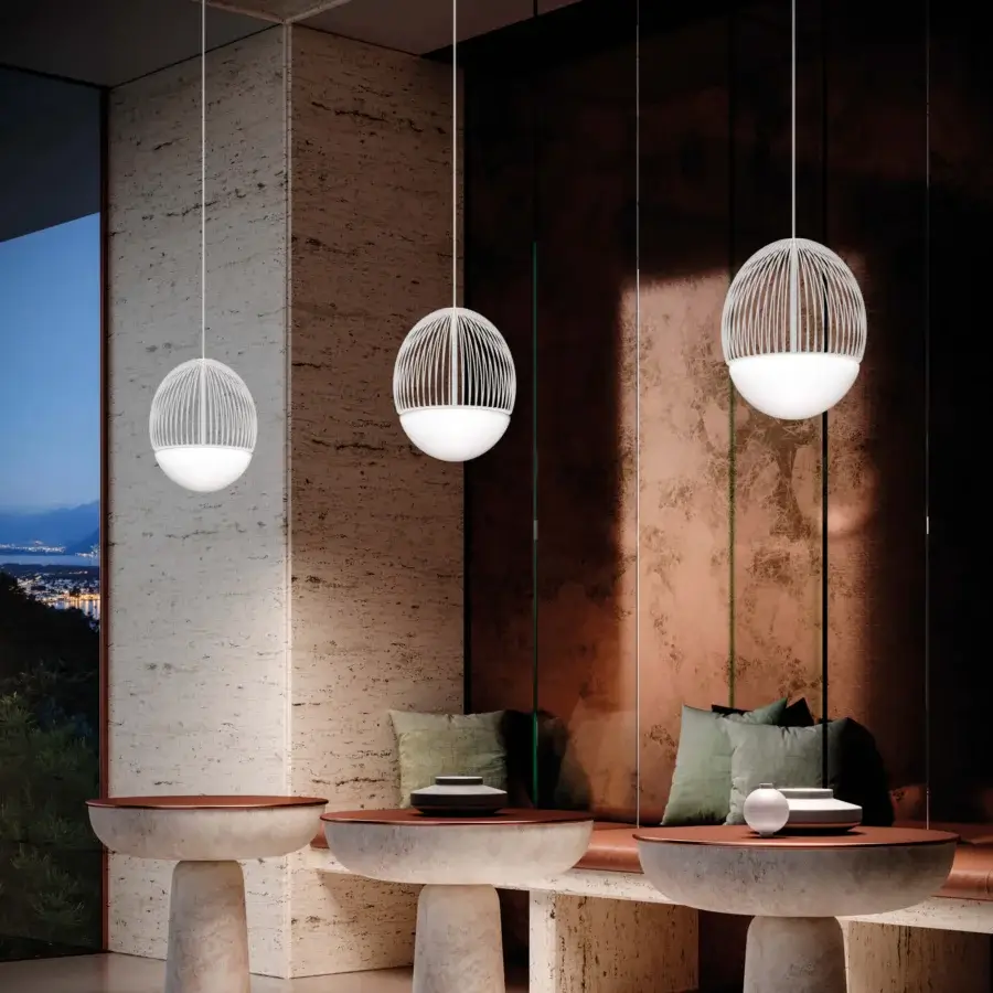 Distinguished Vistosi Riketta suspension lamp crafted in light silver satin metal with a white opaline glass diffuser